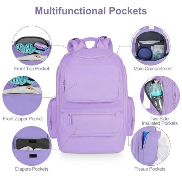 Mancro Large Diaper Bag Backpack for Baby Girl Boy Travel Mom Dad Purple - Picture 3 of 7